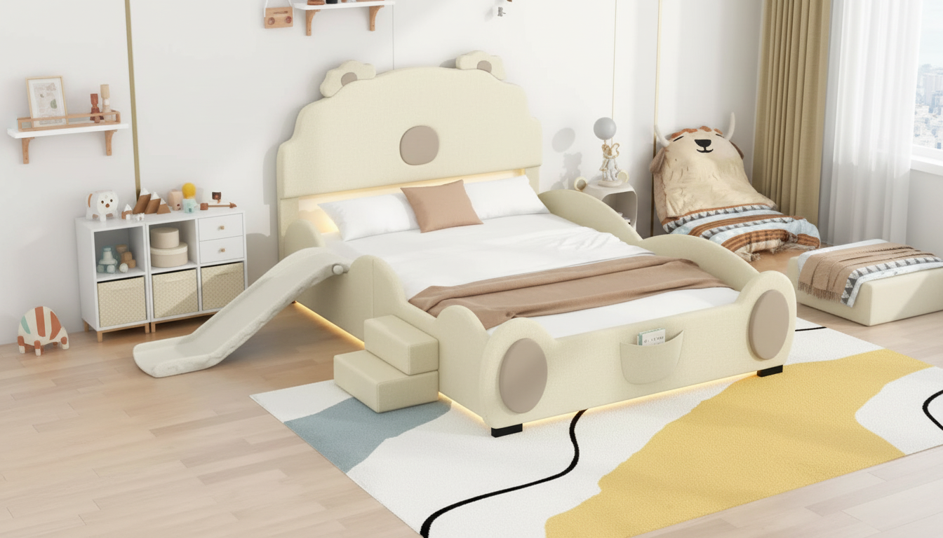 Beige Slide Bed Frame with LED Light: Cozy Girls' Room