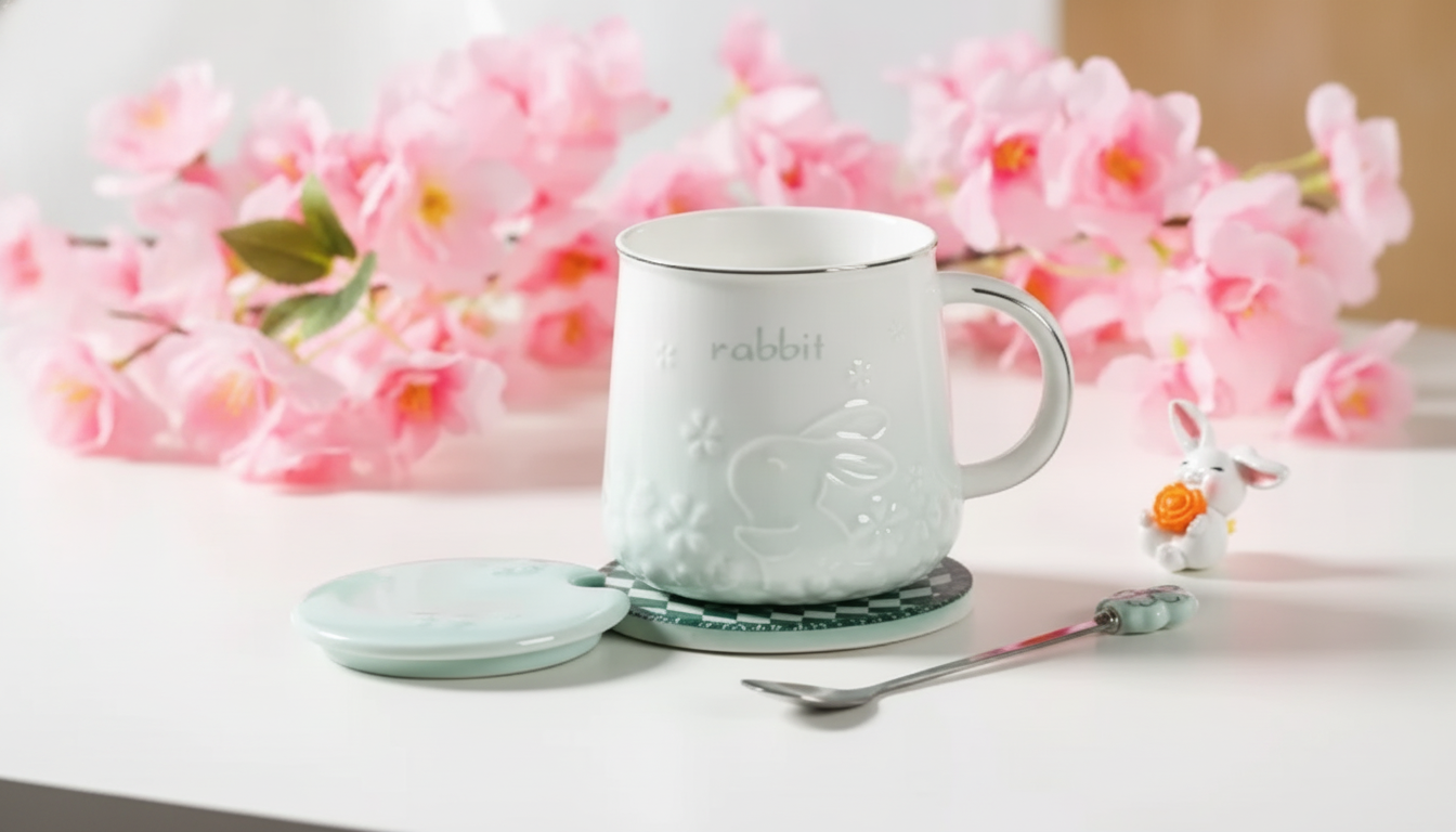 Rabbit & Sakura 15 oz Porcelain Mug + Spoon Set